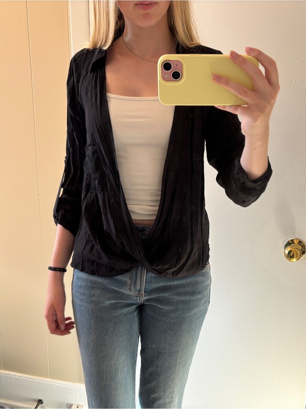 Black Draped V-Neck Top